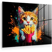 MuchoWow Glasschilderij 160x120 cm - Schilderij acrylglas - Kat - Eten - Patat - Graffiti - Abstract - Foto op glas - Muurdecoratie woonkamer - Wanddecoratie slaapkamer - Schilderijen