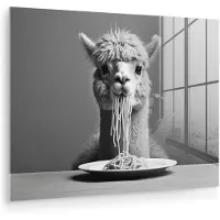 MuchoWow Glasschilderij 120x90 cm - Schilderij acrylglas - Alpaca - Pasta - Zwart - Wit - Grappig - Dieren - Foto op glas - Muurdecoratie woonkamer - Wanddecoratie slaapkamer - Schilderijen