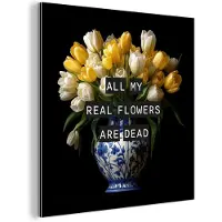 MuchoWow Aluminium schilderij 50x50 cm - Wanddecoratie metaal - Quotes - Bloem - Tulp - Geel - Metalen muurdecoratie woonkamer - Decoratie industrieel - Foto op dibond - Industriële accessoires slaapkamer