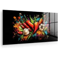 MuchoWow Glasschilderij 160x80 cm - Schilderij acrylglas - Groente - Peper - Knoflook - Graffiti - Verf - Kleurrijk - Foto op glas - Muurdecoratie woonkamer - Wanddecoratie slaapkamer - Schilderijen