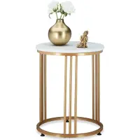 Relaxdays Bijzettafel MARMO - salontafel - marmer look - gouden onderste - koffietafel - wit