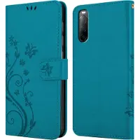 Cadorabo Hoesje geschikt voor Sony Xperia 10 II in BLOEMEN BLAUW - Beschermhoes in bloemmotief met magnetische sluiting, standfunctie en kaartsleuven Book Case Cover Etui