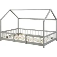 En.casa Kinderbed "Sisimiut" met huiselijke uitstraling, voorzien van valbeveiliging, gemaakt van grenenhout, afmetingen 120 x 200 cm, kleur lichtgrijs / wit