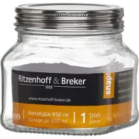 Ritzenhoff & Breker Voorraadpot "VIO", vierkant, 0,65 l van glas, met roestvrijstalen schroefdeksel, Opbergblikken, Transparant