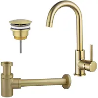 FortiFura Calvi Wastafelkraanset - hoge wastafelkraan - draaibare uitloop - always open plug - verlaagde design sifon - Geborsteld Messing PVD (Goud) SW809349/SW696208/SW696218