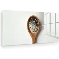 MuchoWow Glasschilderij 120x60 cm - Schilderij acrylglas - Lepel - Sesam - Wit - Foto op glas - Muurdecoratie woonkamer - Wanddecoratie slaapkamer - Schilderijen