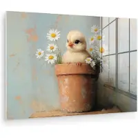MuchoWow Glasschilderij 30x20 cm - Schilderij acrylglas - Bloempot - Kuiken - Bloemetjes - Foto op glas - Muurdecoratie woonkamer - Wanddecoratie slaapkamer - Schilderijen