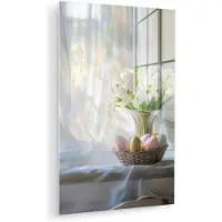 MuchoWow Glasschilderij 80x120 cm - Schilderij acrylglas - Vaas - Eieren - Bloemen - Foto op glas - Muurdecoratie woonkamer - Wanddecoratie slaapkamer - Schilderijen