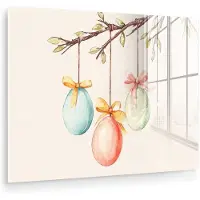MuchoWow Glasschilderij 40x30 cm - Schilderij acrylglas - Paastak - Strikje - Eieren - Foto op glas - Muurdecoratie woonkamer - Wanddecoratie slaapkamer - Schilderijen