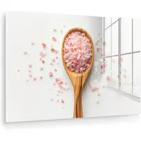 MuchoWow Glasschilderij 180x120 cm - Schilderij acrylglas - Lepel - Zout - Roze - Foto op glas - Muurdecoratie woonkamer - Wanddecoratie slaapkamer - Schilderijen