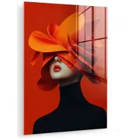 MuchoWow Glasschilderij 90x120 cm - Schilderij acrylglas - Oranje - Hoed - Vrouw - Foto op glas - Muurdecoratie woonkamer - Wanddecoratie slaapkamer - Schilderijen