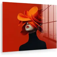 MuchoWow Glasschilderij 160x120 cm - Schilderij acrylglas - Oranje - Hoed - Vrouw - Foto op glas - Muurdecoratie woonkamer - Wanddecoratie slaapkamer - Schilderijen