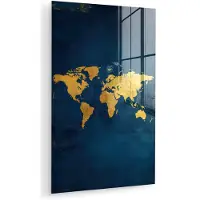 MuchoWow Glasschilderij 20x30 cm - Schilderij acrylglas - Wereldkaart - Goud - Donkerblauw - Foto op glas - Muurdecoratie woonkamer - Wanddecoratie slaapkamer - Schilderijen