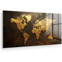 MuchoWow Glasschilderij 40x20 cm - Schilderij acrylglas - Wereldkaart - Goud - Roest - Foto op glas - Muurdecoratie woonkamer - Wanddecoratie slaapkamer - Schilderijen
