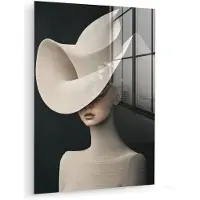 MuchoWow Glasschilderij 120x160 cm - Schilderij acrylglas - Vrouw - Golvende - Hoed - Foto op glas - Muurdecoratie woonkamer - Wanddecoratie slaapkamer - Schilderijen