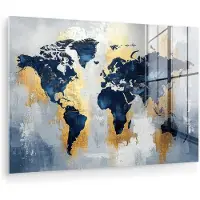 MuchoWow Glasschilderij 150x100 cm - Schilderij acrylglas - Wereldkaart - Blauw - Abstract - Foto op glas - Muurdecoratie woonkamer - Wanddecoratie slaapkamer - Schilderijen