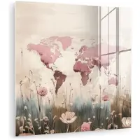 MuchoWow Glasschilderij 50x50 cm - Schilderij acrylglas - Wereldkaart - Roze - Bloemen - Foto op glas - Muurdecoratie woonkamer - Wanddecoratie slaapkamer - Schilderijen