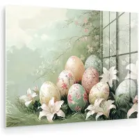 MuchoWow Glasschilderij 160x120 cm - Schilderij acrylglas - Paaseieren - Pasteltinten - Bloemen - Foto op glas - Muurdecoratie woonkamer - Wanddecoratie slaapkamer - Schilderijen