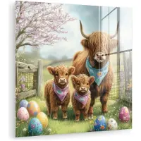 MuchoWow Glasschilderij 20x20 cm - Schilderij acrylglas - Schotsehooglanders - Paaseieren - Lente - Foto op glas - Muurdecoratie woonkamer - Wanddecoratie slaapkamer - Schilderijen