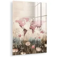 MuchoWow Glasschilderij 120x160 cm - Schilderij acrylglas - Wereldkaart - Roze - Bloemen - Foto op glas - Muurdecoratie woonkamer - Wanddecoratie slaapkamer - Schilderijen