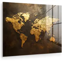 MuchoWow Glasschilderij 160x120 cm - Schilderij acrylglas - Wereldkaart - Goud - Roest - Foto op glas - Muurdecoratie woonkamer - Wanddecoratie slaapkamer - Schilderijen