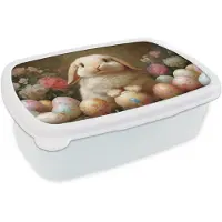 MuchoWow Broodtrommel Wit - Lunchbox Konijn - Paaseieren - Stilleven - Brooddoos 18x12x6 cm - Brood lunch box - Broodtrommels voor kinderen en volwassenen