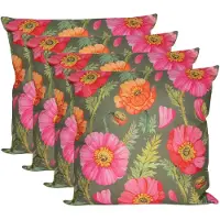 Anna's Collection Sierkussen voor binnen en buiten - 4x - klaprozen bloemen - groen/roze - 60 x 60 cm - tuinkussens