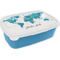 MuchoWow Broodtrommel Blauw - Lunchbox Wereldkaart - Blauw - Kleurrijk - Brooddoos 18x12x6 cm - Brood lunch box - Broodtrommels voor kinderen en volwassenen