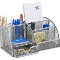 Relaxdays pennenbak - 6 vakken - met lade - bureau organizer - metaal - zilver