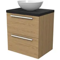 Maxaro Modulo Plato Badkamermeubel voor waskom | 60 cm Naturel fineer Vlak front Mat zwart blad 2 lades onder elkaar