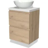 Maxaro Modulo Plato Slim Badkamermeubel voor waskom | 50 cm Lichtbruin eiken Greeploos front Hoogglans wit blad 2 lades onder elkaar