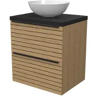 Maxaro Modulo Plato Badkamermeubel voor waskom | 60 cm Naturel fineer Strook front Mat zwart blad 2 lades onder elkaar