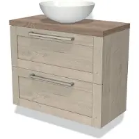 Maxaro Modulo Plato Slim Badkamermeubel voor waskom | 80 cm Lichtgrijs eiken Kader front Middenbruin eiken blad 2 lades onder elkaar