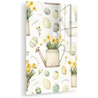 MuchoWow Glasschilderij 20x30 cm - Schilderij acrylglas - Gieter - Bloemen - Eieren - Foto op glas - Muurdecoratie woonkamer - Wanddecoratie slaapkamer - Schilderijen