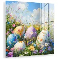 MuchoWow Glasschilderij 50x50 cm - Schilderij acrylglas - Grasveld - Eieren - Bloemen - Foto op glas - Muurdecoratie woonkamer - Wanddecoratie slaapkamer - Schilderijen