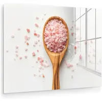 MuchoWow Glasschilderij 160x120 cm - Schilderij acrylglas - Lepel - Zout - Roze - Foto op glas - Muurdecoratie woonkamer - Wanddecoratie slaapkamer - Schilderijen