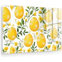 MuchoWow Glasschilderij 180x120 cm - Schilderij acrylglas - Bloemen - Paaseieren - Geel - Foto op glas - Muurdecoratie woonkamer - Wanddecoratie slaapkamer - Schilderijen