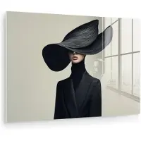 MuchoWow Glasschilderij 120x80 cm - Schilderij acrylglas - Zwart - Vrouw - Hoed - Foto op glas - Muurdecoratie woonkamer - Wanddecoratie slaapkamer - Schilderijen