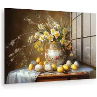 MuchoWow Glasschilderij 180x120 cm - Schilderij acrylglas - Paaseieren - Stilleven - Vaas - Foto op glas - Muurdecoratie woonkamer - Wanddecoratie slaapkamer - Schilderijen