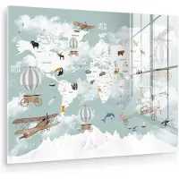 MuchoWow Glasschilderij 160x120 cm - Schilderij acrylglas - Wereldkaart - Kind - Vliegtuig - Foto op glas - Muurdecoratie woonkamer - Wanddecoratie slaapkamer - Schilderijen