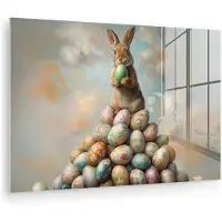 MuchoWow Glasschilderij 90x60 cm - Schilderij acrylglas - Konijn - Eieren - Kleurrijk - Foto op glas - Muurdecoratie woonkamer - Wanddecoratie slaapkamer - Schilderijen
