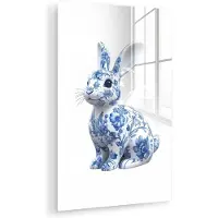 MuchoWow Glasschilderij 120x180 cm - Schilderij acrylglas - Delftsblauw - Haasje - Wit - Foto op glas - Muurdecoratie woonkamer - Wanddecoratie slaapkamer - Schilderijen