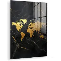 MuchoWow Glasschilderij 60x80 cm - Schilderij acrylglas - Wereldkaart - Goud - Marmer - Foto op glas - Muurdecoratie woonkamer - Wanddecoratie slaapkamer - Schilderijen