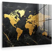 MuchoWow Glasschilderij 80x60 cm - Schilderij acrylglas - Wereldkaart - Goud - Marmer - Foto op glas - Muurdecoratie woonkamer - Wanddecoratie slaapkamer - Schilderijen