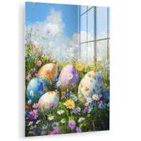 MuchoWow Glasschilderij 30x40 cm - Schilderij acrylglas - Grasveld - Eieren - Bloemen - Foto op glas - Muurdecoratie woonkamer - Wanddecoratie slaapkamer - Schilderijen