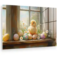 MuchoWow Glasschilderij 150x100 cm - Schilderij acrylglas - Kuiken - Raam - Paaseieren - Foto op glas - Muurdecoratie woonkamer - Wanddecoratie slaapkamer - Schilderijen
