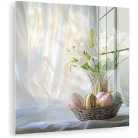 MuchoWow Glasschilderij 50x50 cm - Schilderij acrylglas - Vaas - Eieren - Bloemen - Foto op glas - Muurdecoratie woonkamer - Wanddecoratie slaapkamer - Schilderijen