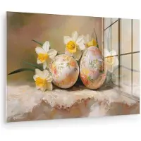 MuchoWow Glasschilderij 90x60 cm - Schilderij acrylglas - Bloemen - Eieren - Geschilderd - Foto op glas - Muurdecoratie woonkamer - Wanddecoratie slaapkamer - Schilderijen