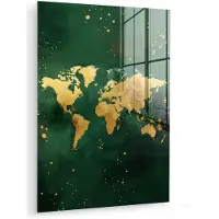 MuchoWow Glasschilderij 60x80 cm - Schilderij acrylglas - Wereldkaart - Groen - Goud - Foto op glas - Muurdecoratie woonkamer - Wanddecoratie slaapkamer - Schilderijen