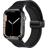 Strap-it PU lederen bandje met magnetische D-buckle sluiting - geschikt voor Apple Watch (Series 12/11/10), (SE 3/2/1), (Series 9/8/7/6/5/4) - 38/40/41/42mm - Bandje PU leer voor iWatch - zwart